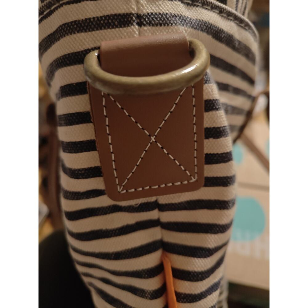 CB Station Canvas Flight Travel Bag Navy Blue Stripes Leather Handles Nautical - Picture 5 of 7